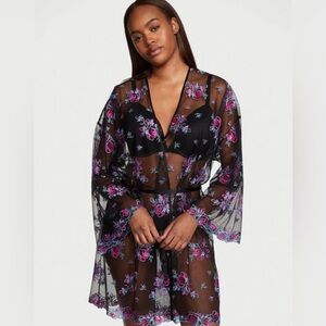 NWT VICTORIA'S SECRET Black Floral Embroidery Sheer Robe XS/S, M/L
